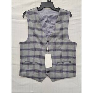 Mogu Mens Plaid Suit Vest Grey Purple Check Waistcoat 3XL 56 New